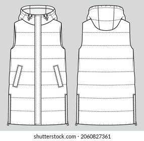 Long quilted gilet  Padded warm gilet  Vector technical sketch  Mockup template 