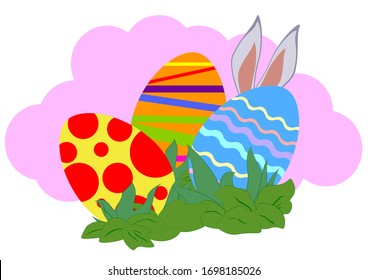 Long rabbit ears and eggs with colorful ornaments on a light background. Easter card in cartoon style. EPS10 vector illustration