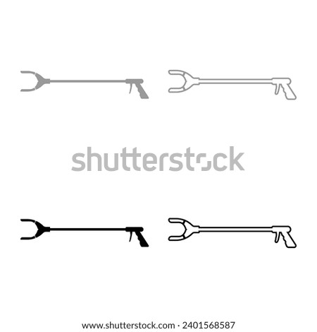 Long reach grabber litter picker gripper trash device pick up tool claw equipment arm hand set icon grey black color vector illustration image solid fill outline contour line thin flat style