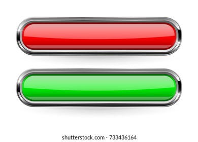 Long rectangle buttons with bold chrome frame. 3d shiny icons. Vector illustration isolated on white background