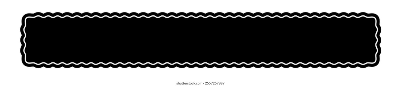 Long rectangle form with wavy borders. Curvy rectangular shape. Empty text box or headline, tag or label isolated on white background. Vector graphic illustration.