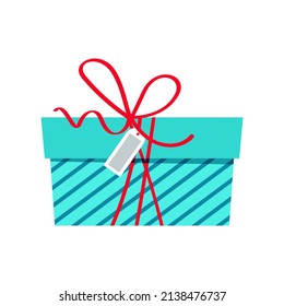 Long rectangular striped box on an isolated background. Bright blue box with red ribbon and tag.
