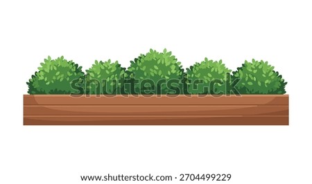 A long rectangular wooden planter box filled with neatly trimmed lush green bushes for garden or street decoration.