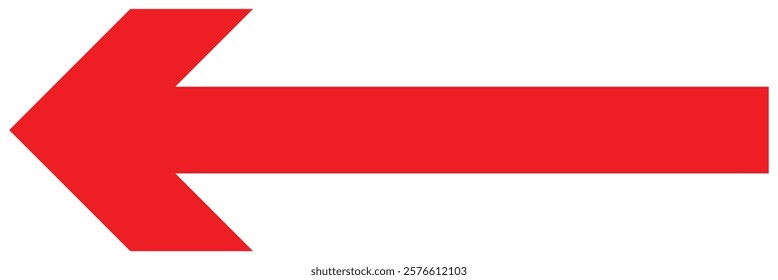 Long red arrow icon vector pointing left. Arrow shape element. Large size red long arrow. Vector long arrow icon on white background.