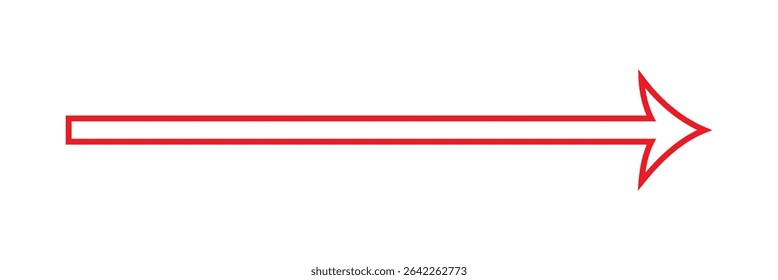 Long red arrow icon vector pointing right. Arrow shape element. Bold arrow icon. large size red long arrow.