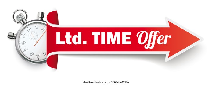 Long red arrow with a stopwatch and the text Ltd Time Offer on the white background. Eps 10 vector file.