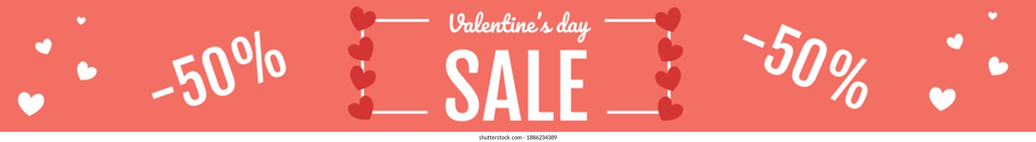 Long Red Banner Valentine's Day With A Heart. Sale Concept. Valentines Shop Now. Vector Illustration