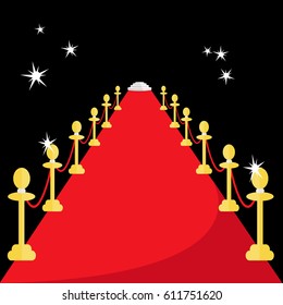 long red carpet event vip with gold vector clean modern rope barrier & a little small stage at the end in the night for celebrities like event on black flat design style illustration