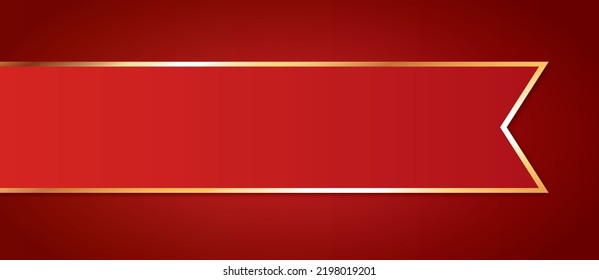 Long Red Colored Ribbon Banner With Gold Frame On Red Background