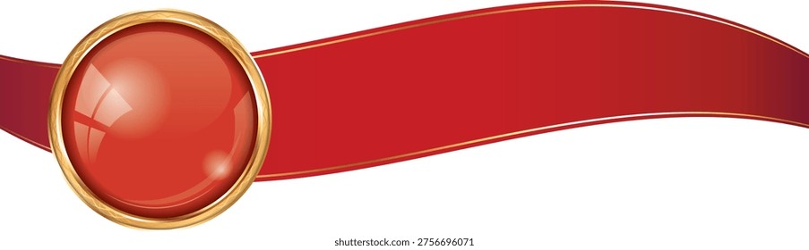 long red colored ribbon banner with gold frame and round label banner
