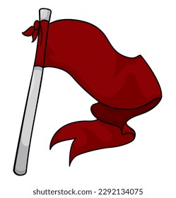 Long red fabric like a waving flag with silver flagpole. Isolated design in cartoon style.