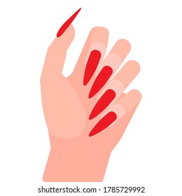 Long red nails on woman's hand. Nail extension, extreme length. Cover your nails with red polish. Girl loves manicure. Vector illustration on white background