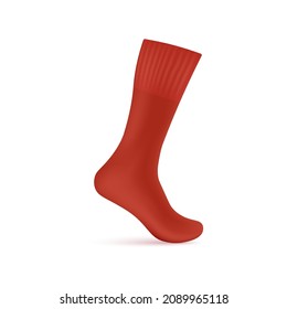 Long red sock 3d realistic template vector illustration isolated on white background. Sport basketball cotton sock on invisible leg mockup for design and identity.