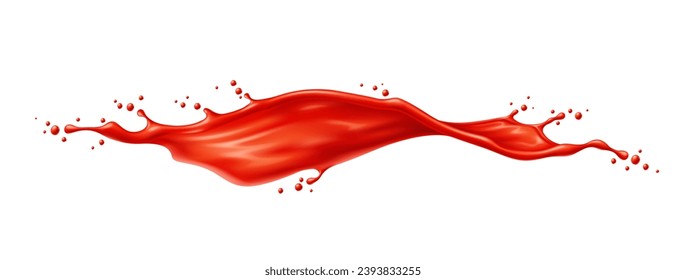 Long red wave of tomato juice or ketchup sauce splash. Realistic 3d vector vibrant splashing with droplets suspended in mid-air, showcasing the freshness and intensity of this luscious liquid burst