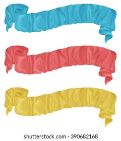 Long ribbon set in painted style. Vector red, yellow, blue banners isolated on background