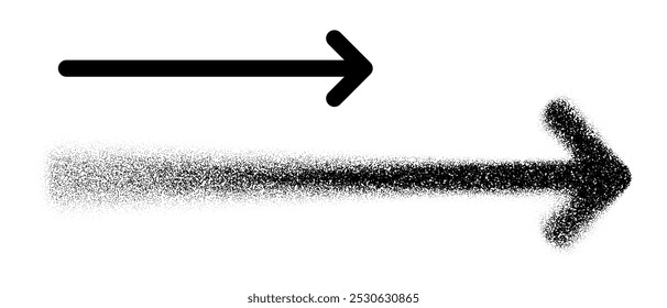 A long right-pointing arrow created with scattered dot art and solid black styles, representing movement and direction. Vector illustration.