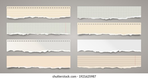 Tiras de papel coloridas y arrancadas durante mucho tiempo. Vertederos de papel desmenuzados y realistas con bordes rotos. Manchas de páginas de cuadernos alineadas. Ilustración vectorial.