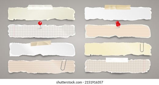 Long ripped paper strips with adhesive tape. Realistic crumpled paper scraps with torn edges. Lined shreds of notebook pages. Vector illustration.
