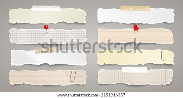 Long ripped paper strips with adhesive
tape. Realistic crumpled paper scraps with torn edges. Lined shreds
of notebook pages. Vector
illustration.
