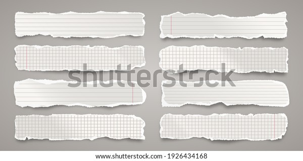 Long ripped paper strips. Realistic\
crumpled paper scraps with torn edges. Lined shreds of notebook\
pages. Vector\
illustration.