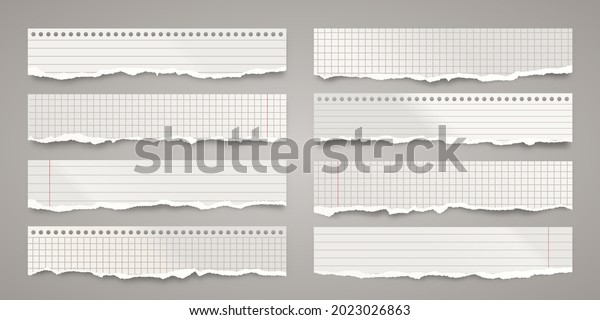 Long ripped paper strips. Realistic\
crumpled paper scraps with torn edges. Lined shreds of notebook\
pages. Vector\
illustration.