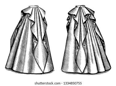 Long Rippled Skirt has a ruffle like material, vintage line drawing or engraving illustration.