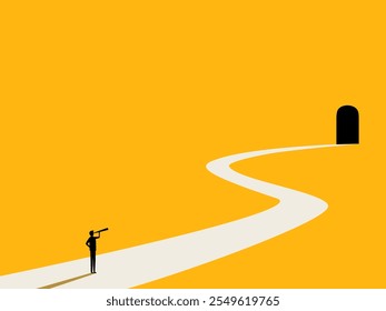 Long Road. Businessman Using Telescope to See the Door of Opportunity. vector