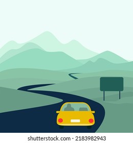 Long road landscape flat concept illustration with lone car and abstract highway sign close-up