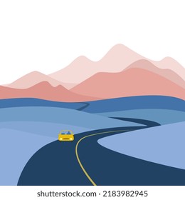 Long road landscape flat concept illustration with lone car in a distance and abstract highway 