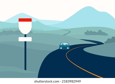 Long road landscape flat concept illustration with lone car in a distance and abstract highway sign close-up