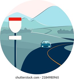 Ilustración de concepto de paisajes de largo recorrido con auto solitario a distancia y registro abstracto de autopistas de cierre