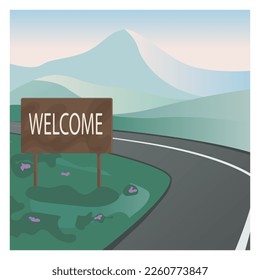 Ilustración de concepto de paisajes de largo recorrido con signo de autopista Bienvenida
