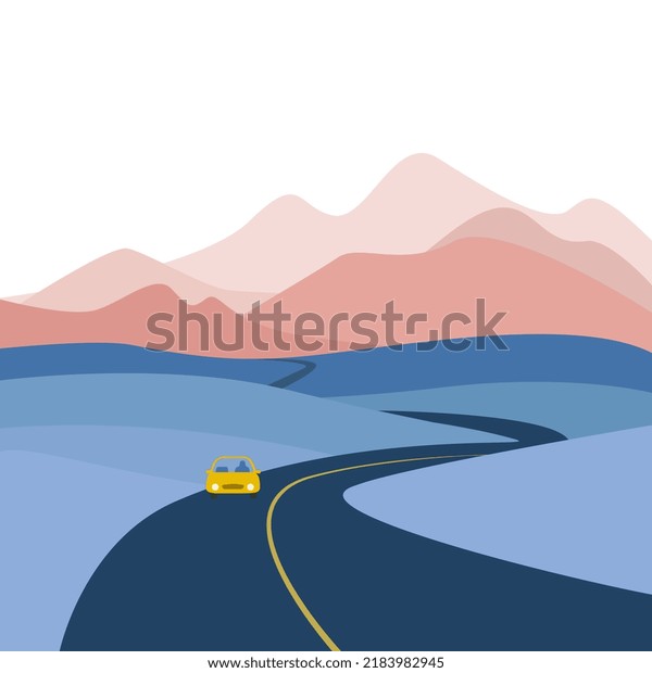 Long road landscape flat\
concept illustration with lone car in a distance and abstract\
highway 