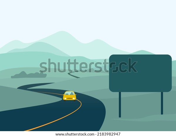 Long road\
landscape flat concept illustration with lone car in a distance and\
abstract highway sign\
close-up