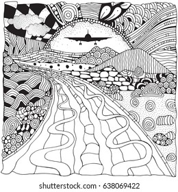 Long road and mountains. The airplane is flying above the clouds. Anti stress Coloring Book page for adult. Black and White vector illustration. zentangle art, doodle style.