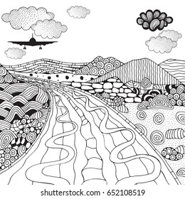 Largo camino y montañas. El avión está volando por encima de las nubes. Página de libro anti-estrés coloreado para adultos. Ilustración vectorial en blanco y negro. arte, estilo doodle.