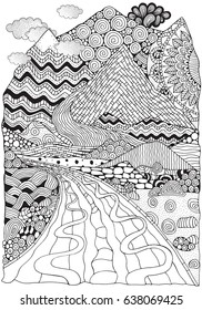 Long road and mountains.  Zentangle landscape. Anti stress Coloring Book page for adult. Black and White vector illustration. Zen Art, doodle style.