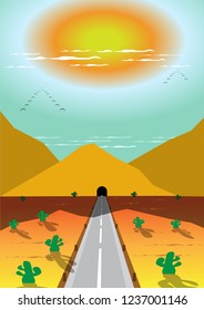 long road through desert, mountains