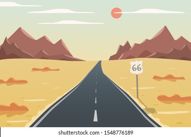 Ilustración vectorial de largo recorrido, ruta 66, montañas, hierba y arbustos vista, de manera con buen clima