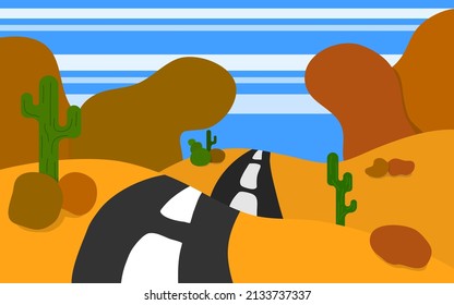 Vista de una larga carretera en un área desierta en un día claro, ilustración vectorial de fondo de pantalla de paisaje.