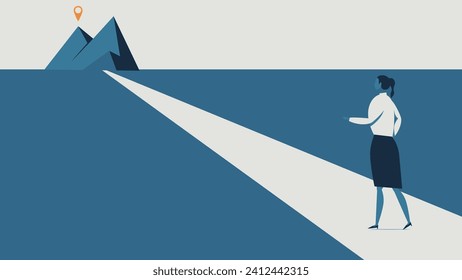 Long road and woman. There is a mountain that is her destination in the distance.