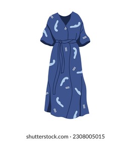 Long robe dress. Women summer clothes, loose garment in modern trendy style. Fashion wearing, stylish female gown with belt and short sleeve. Flat vector illustration isolated on white background