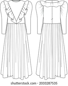 long ruffled dress with puff sleeves dress 