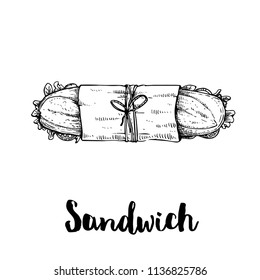 Long sandwich with ham, bacon, lettuce, tomato and cucumber slices. Top view. Submarine sandwich in paper package and twine. Hand drawn sketch style vector illustration of street or fast food. 