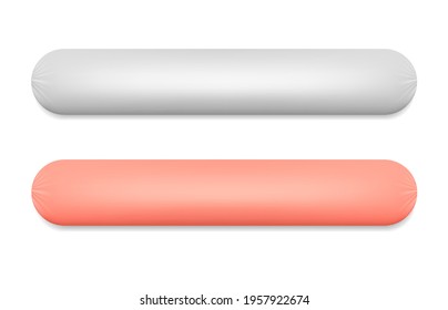 Long sausages isolated on white background. White and pink packaging. blank food template. Ready for design. EPS10. 
