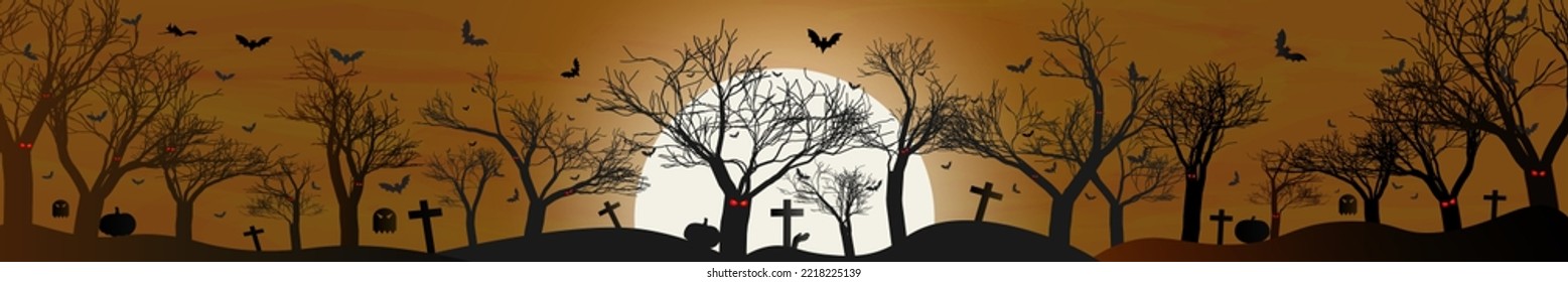 Long Scary Forest Header on orange sunset background with giant full moon. Halloween Horizontal Banner of dark tree silhouettes with flying bats, graves, ghosts, and zombie. Vector Illustration. 