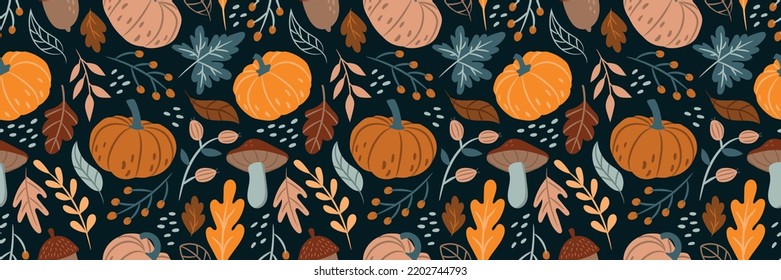 Long seamless autumn pattern with pumpkins, mushrooms, plants and leaves