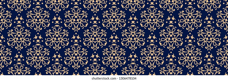 Long seamless background. Dark blue backdrop with abstract golden pattern
