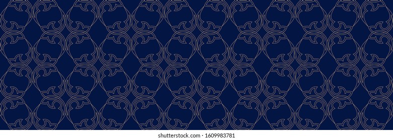 Long seamless background. Dark blue backdrop with abstract golden pattern. Vector illustration