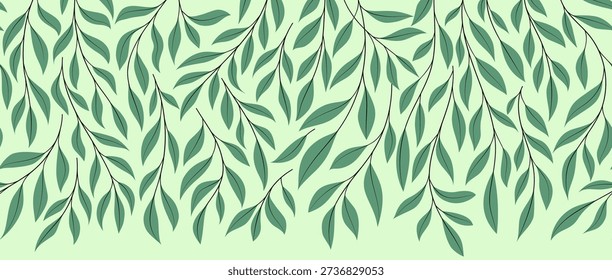 Long Seamless Pattern with Hanging Willow Branches and Hand-Drawn Leaves, Organic Botanical Line Art Background in a Vector Illustration